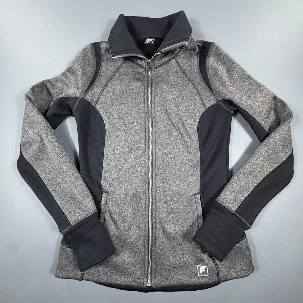 Fila Sport Women's Small Gray Black Zip Athletic‎ Jacket Fleece Thumbholes